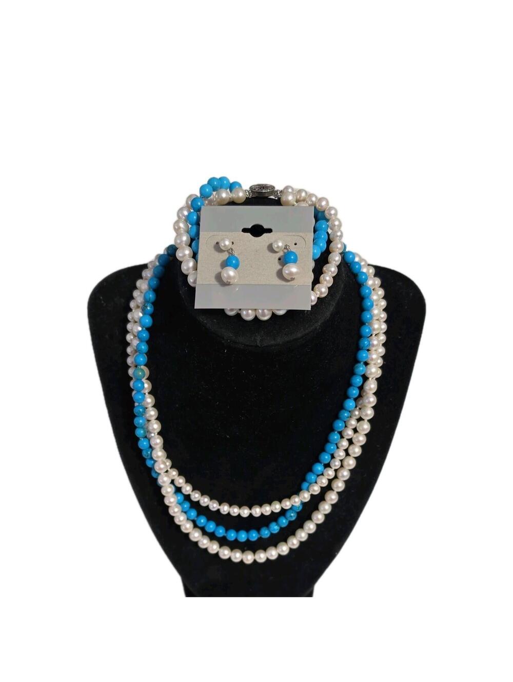 Danbury Mint Turquoise Pearl Necklace Bracelet Earrings Set Sterling Silver 925